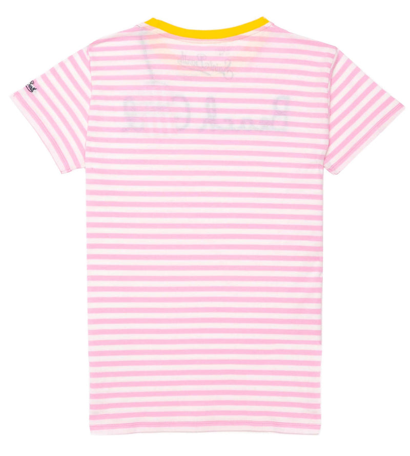 Woman pink striped t-shirt with Beach Girl embroidery