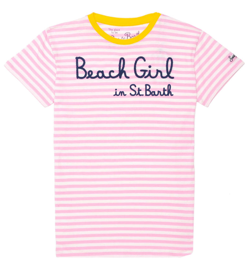 Woman pink striped t-shirt with Beach Girl embroidery