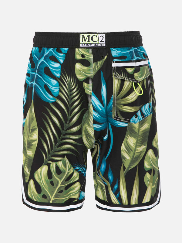 Tropical print swim shorts surf style