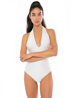 Woman white one piece swimsuit