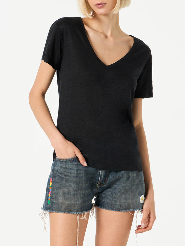 Woman black linen t-shirt