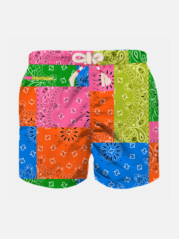 Costume da bagno da bambino con stampa bandana multicolore fluo