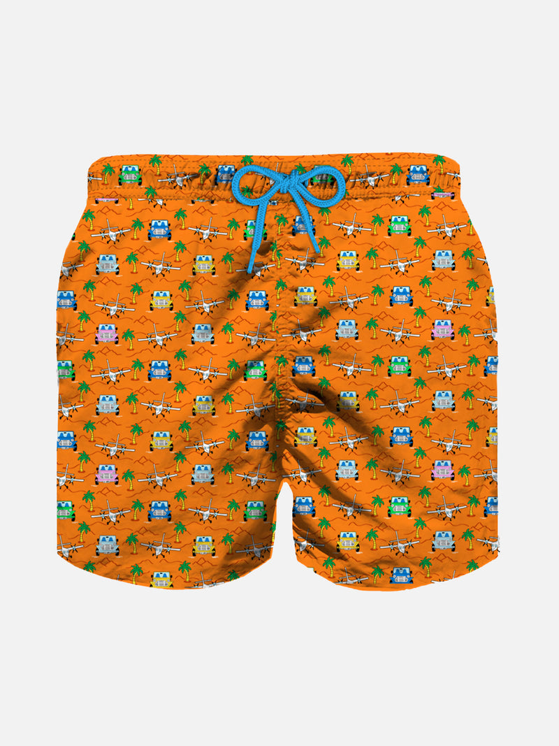 Boy swim shorts with cars and palms print