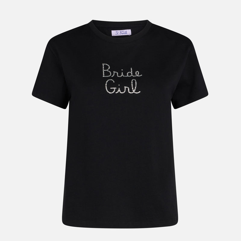 Damen-T-Shirt aus Baumwolle mit „Bride Girl“-Strassstickerei