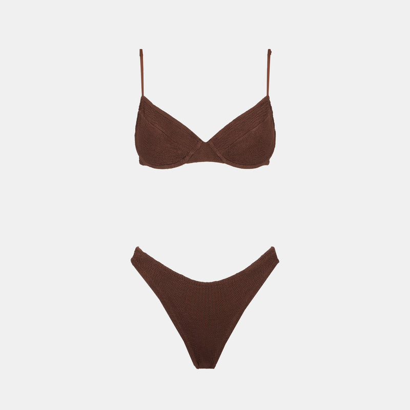 Brauner Bralette-Bikini für Damen in Crinkle-Optik mit Bügeln