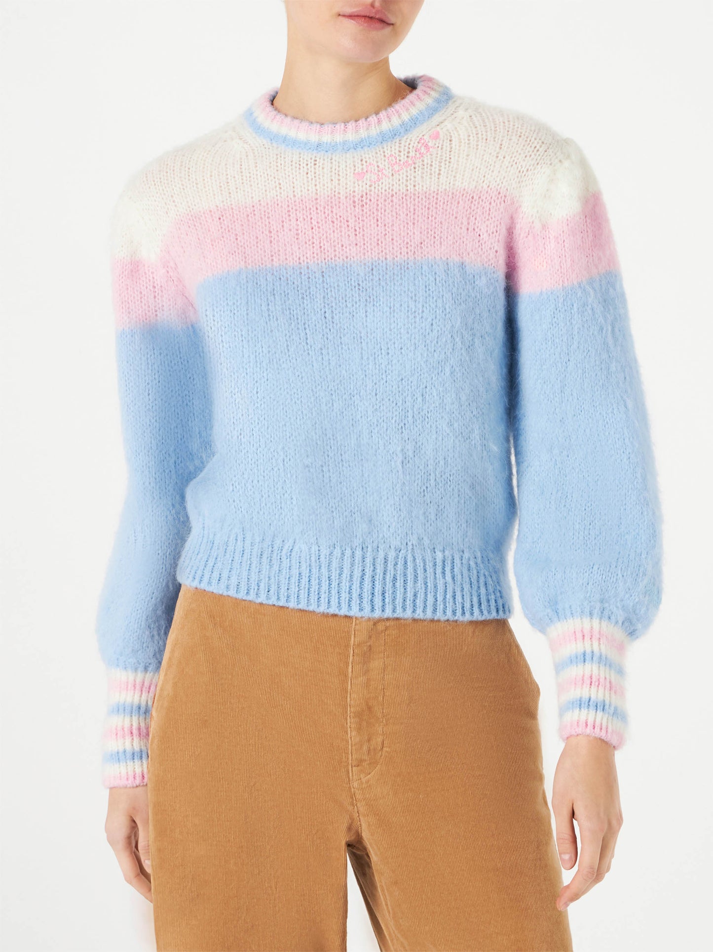 Maglione in misto alpaca garzato con maniche a sbuffo e ricamo St. Barth