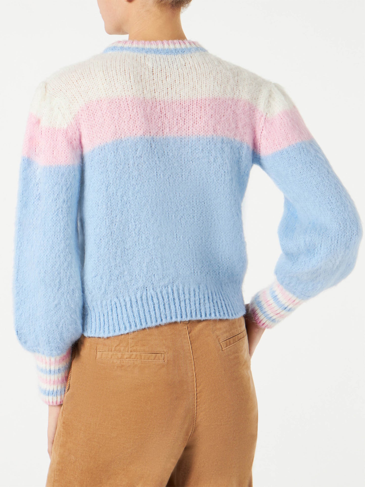 Maglione in misto alpaca garzato con maniche a sbuffo e ricamo St. Barth