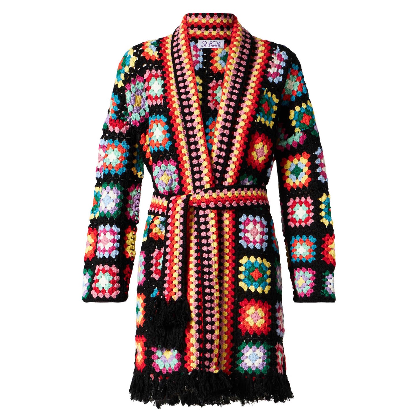 Multicolor crochet coat with belt