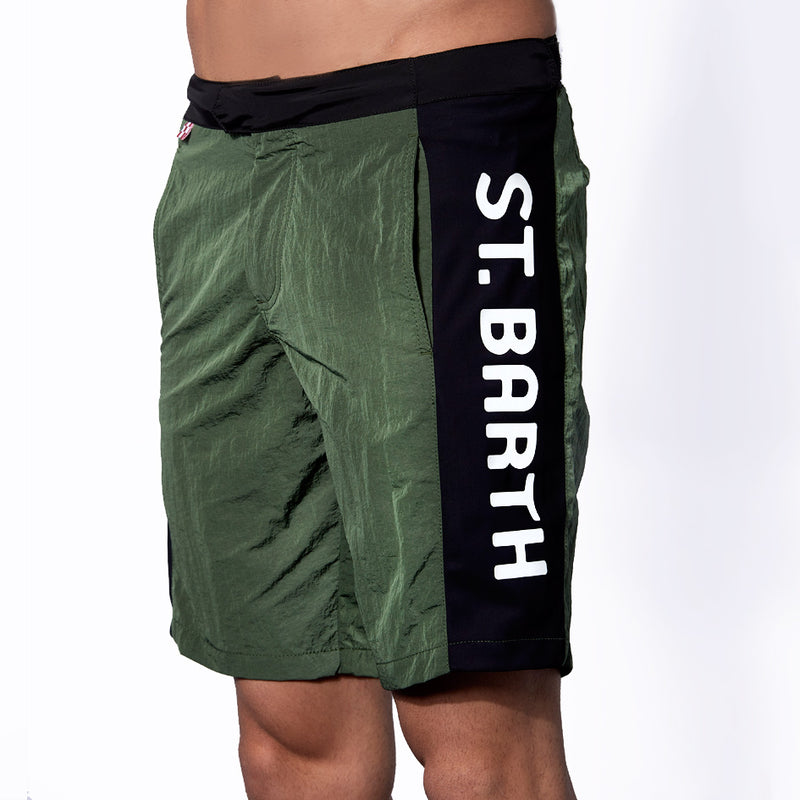 Military green swim shorts with contrast lateral band