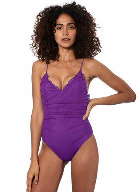 Purple one piece swimsuit Francoise with tulle