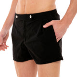 Einfarbige schwarze Badeshorts mit Knopfverschluss vorne