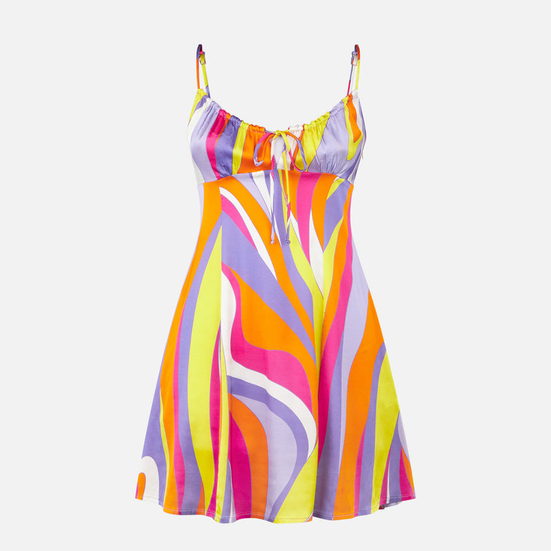 Woman short slip dress Creamy with shape wave print