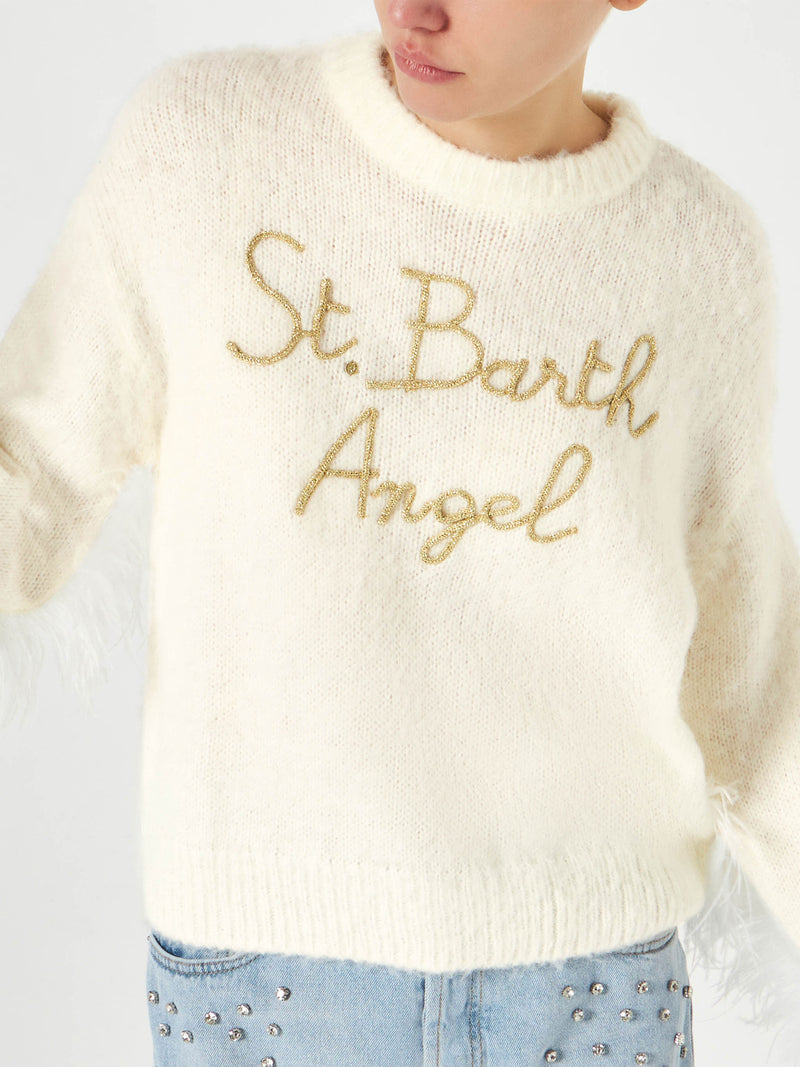 Woman white brushed crewneck sweater with fringes