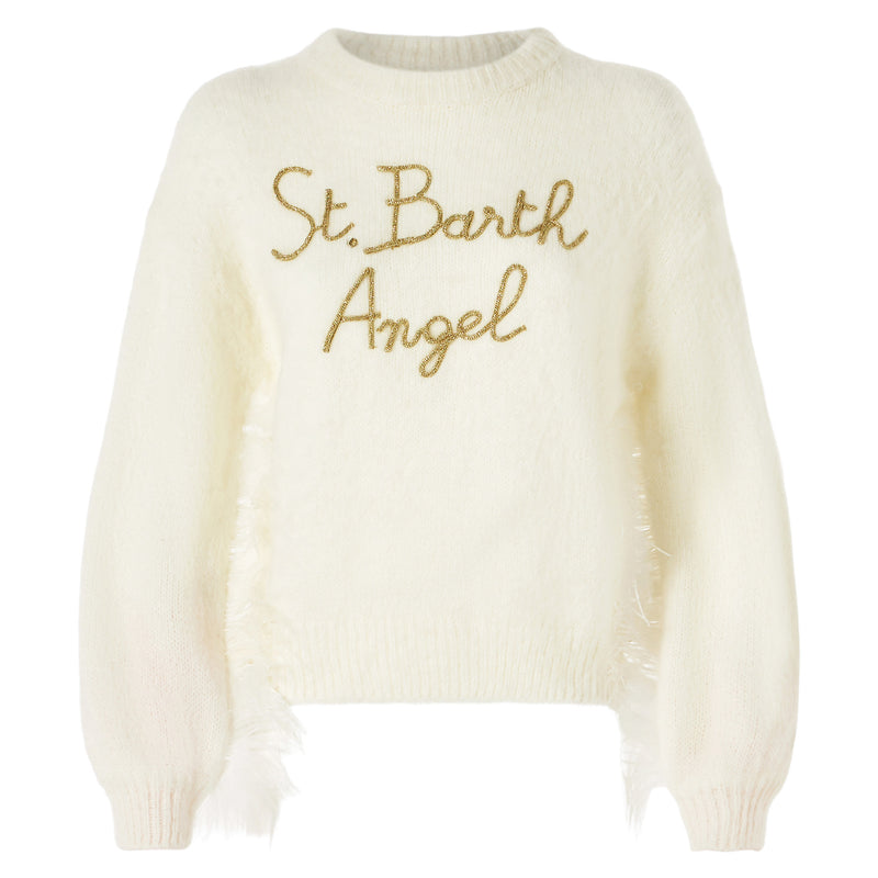 Woman white brushed crewneck sweater with fringes