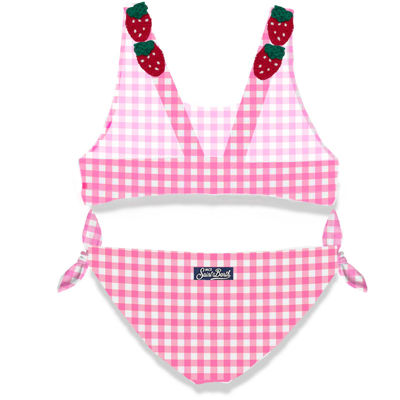 Rosafarbener Mädchenbikini mit Vichy-Print und Erdbeerapplikation