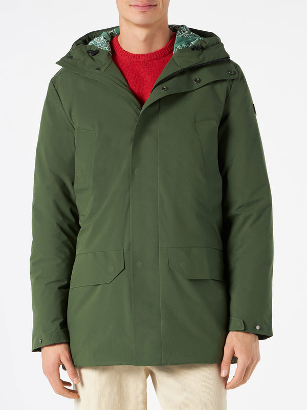 Man hooded parka with military green bandanna print