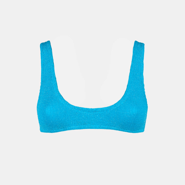 Hellblauer Bralette-Badeanzug für Damen aus Lurex in Crinkle-Optik