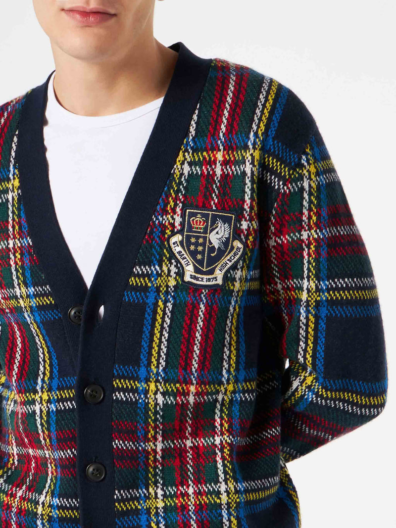 Man tartan knitted cardigan with patch