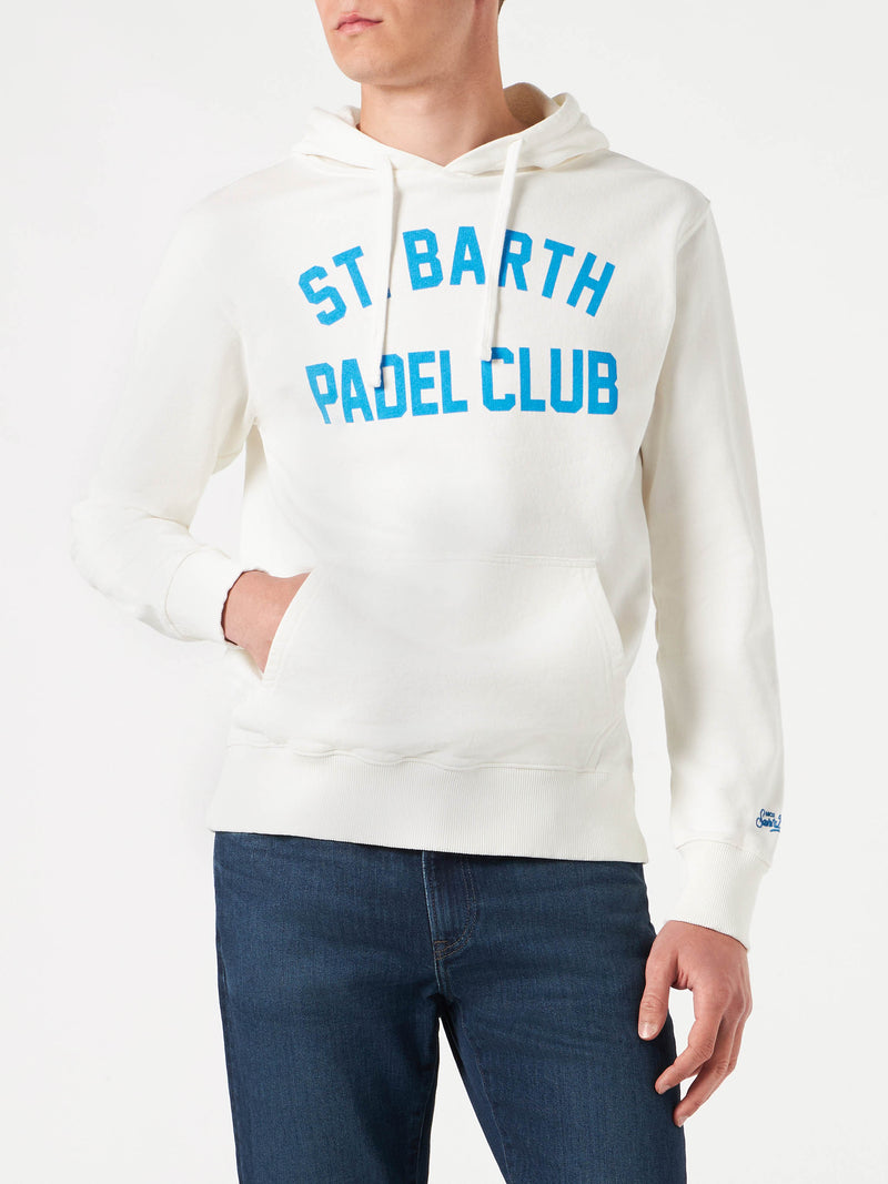 Weißes Herren-Sweatshirt aus Baumwolle mit Kapuze und blauem St. Barth Padel Club-Aufdruck