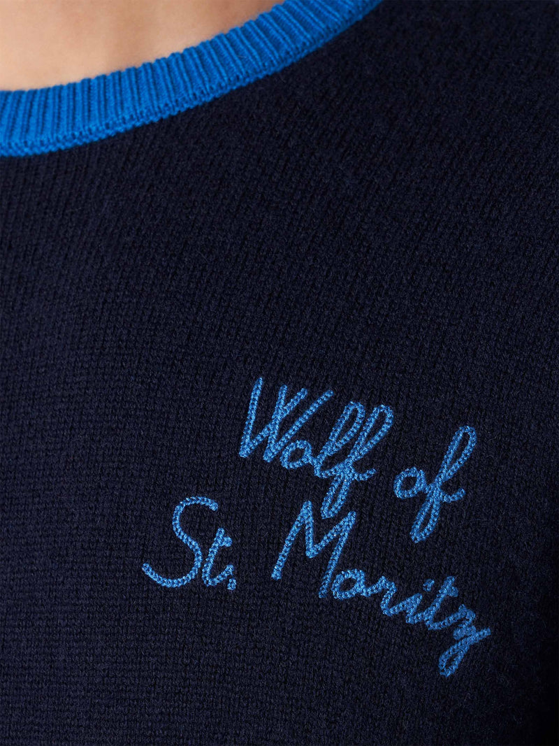 Maglione da uomo blu navy con ricamo Lupo di St. Moritz