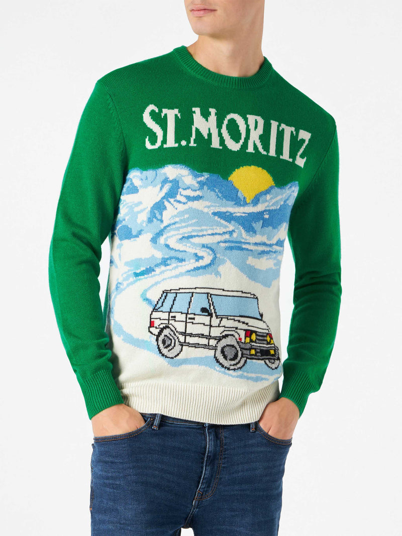 Man green sweater with St.Moritz postcard print