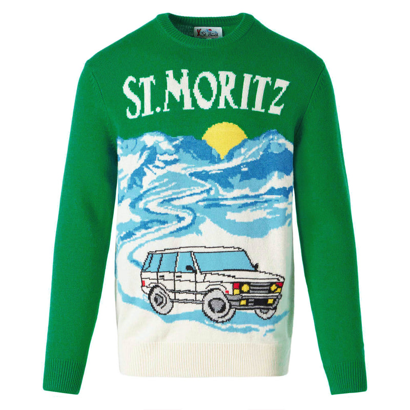 Man green sweater with St.Moritz postcard print