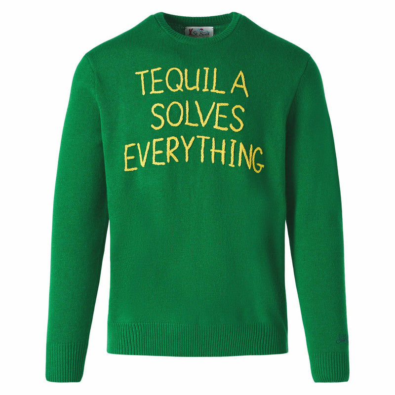 Man green sweater with Tequila solves everything embroidery