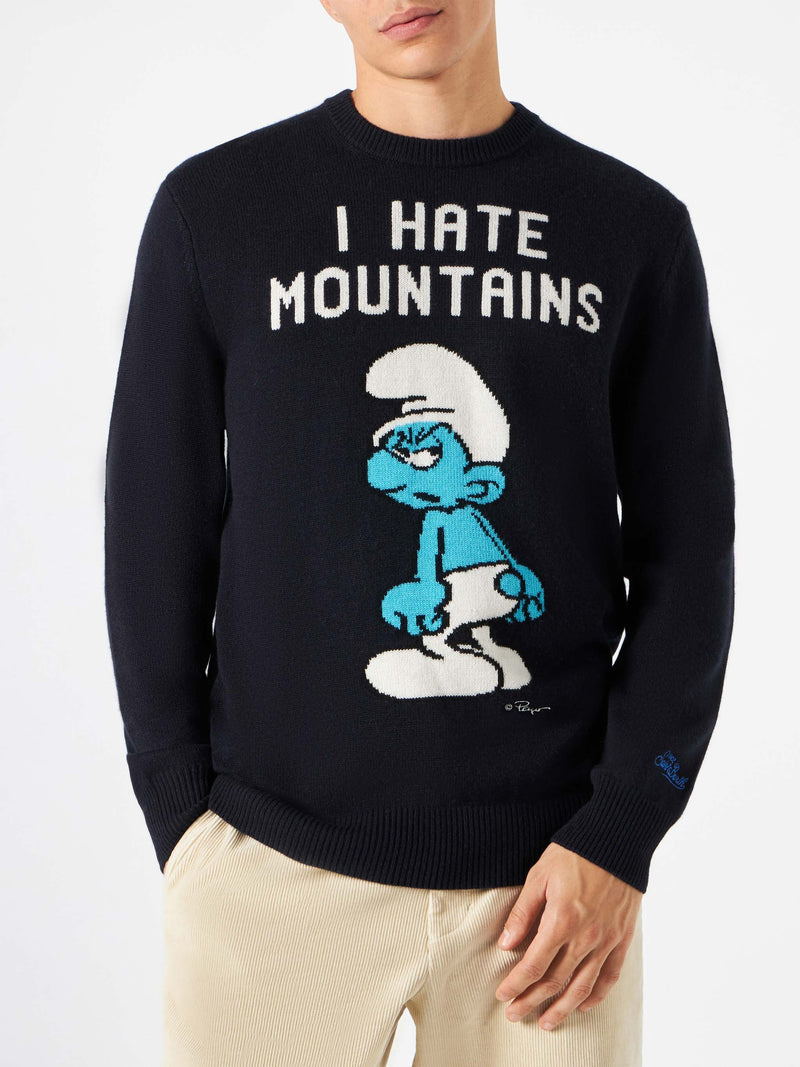 Maglione da uomo blu navy stampa I hate Mountains Puffo | ©PEYO EDIZIONE SPECIALE