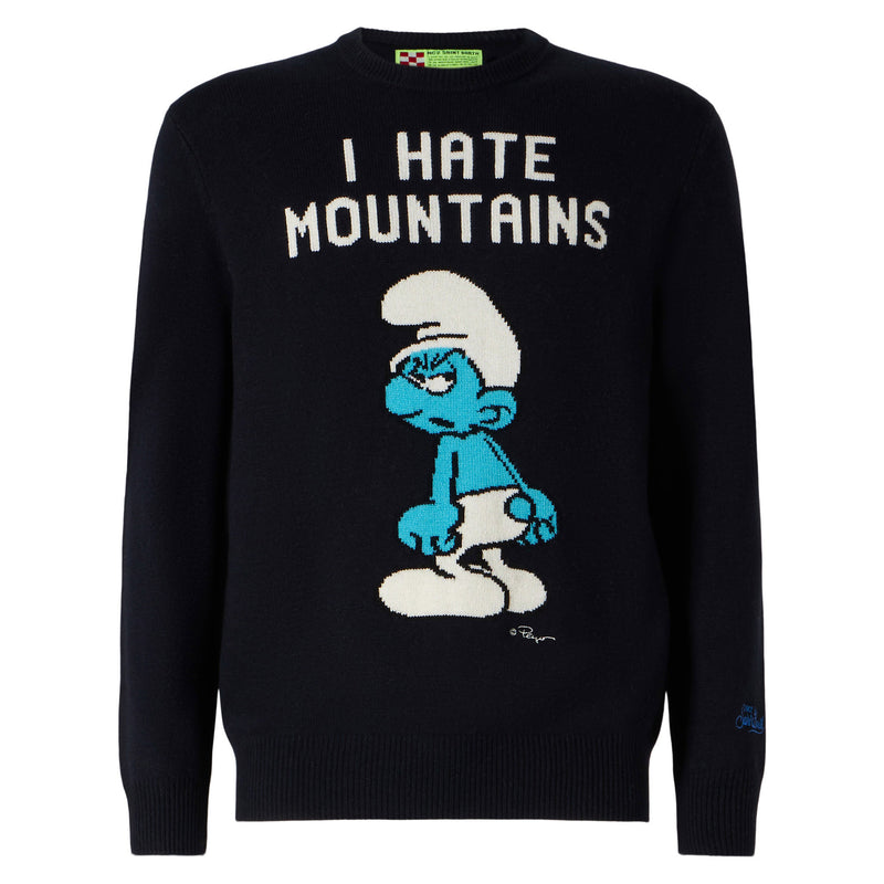 Blauer Herrenpullover in Marineblau mit Aufdruck „I hate Mountains Smurf“ | ©PEYO SONDERAUSGABE