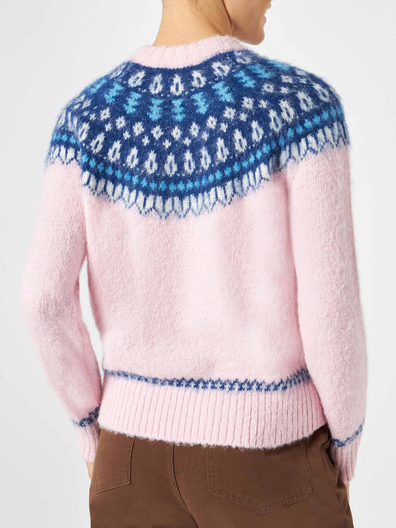 Woman pink crewneck nordic jacquard sweater