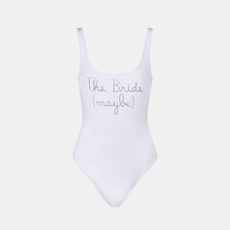 Woman one piece swimsuit with The Bride Maybe rhinestone embroidery