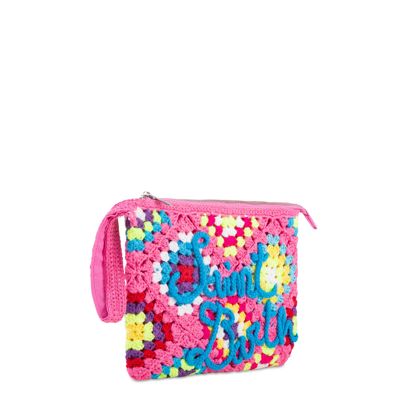 Rosa Parisienne-Häkelclutch mit Saint-Barth-Stickerei