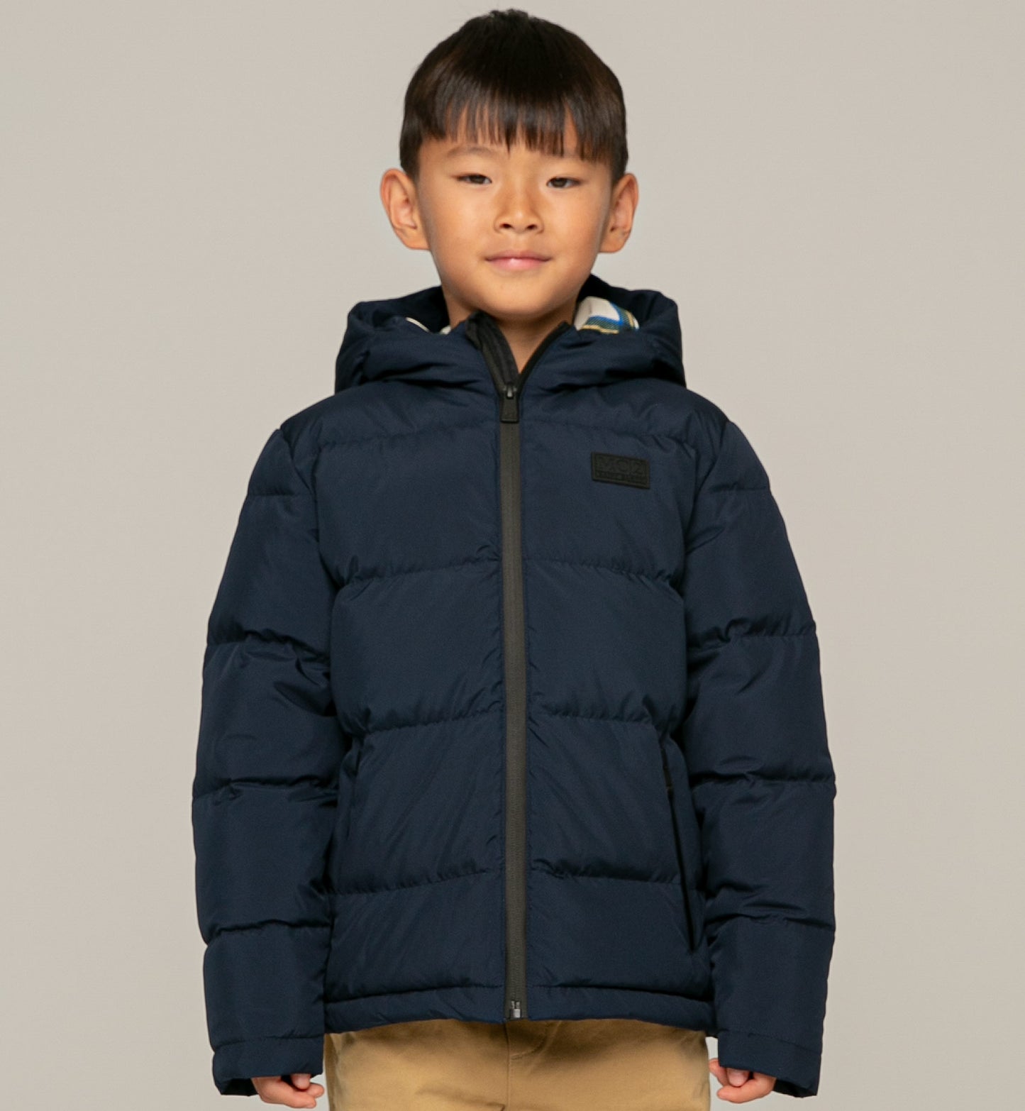 Kid hooded down padded jacket tartan lining