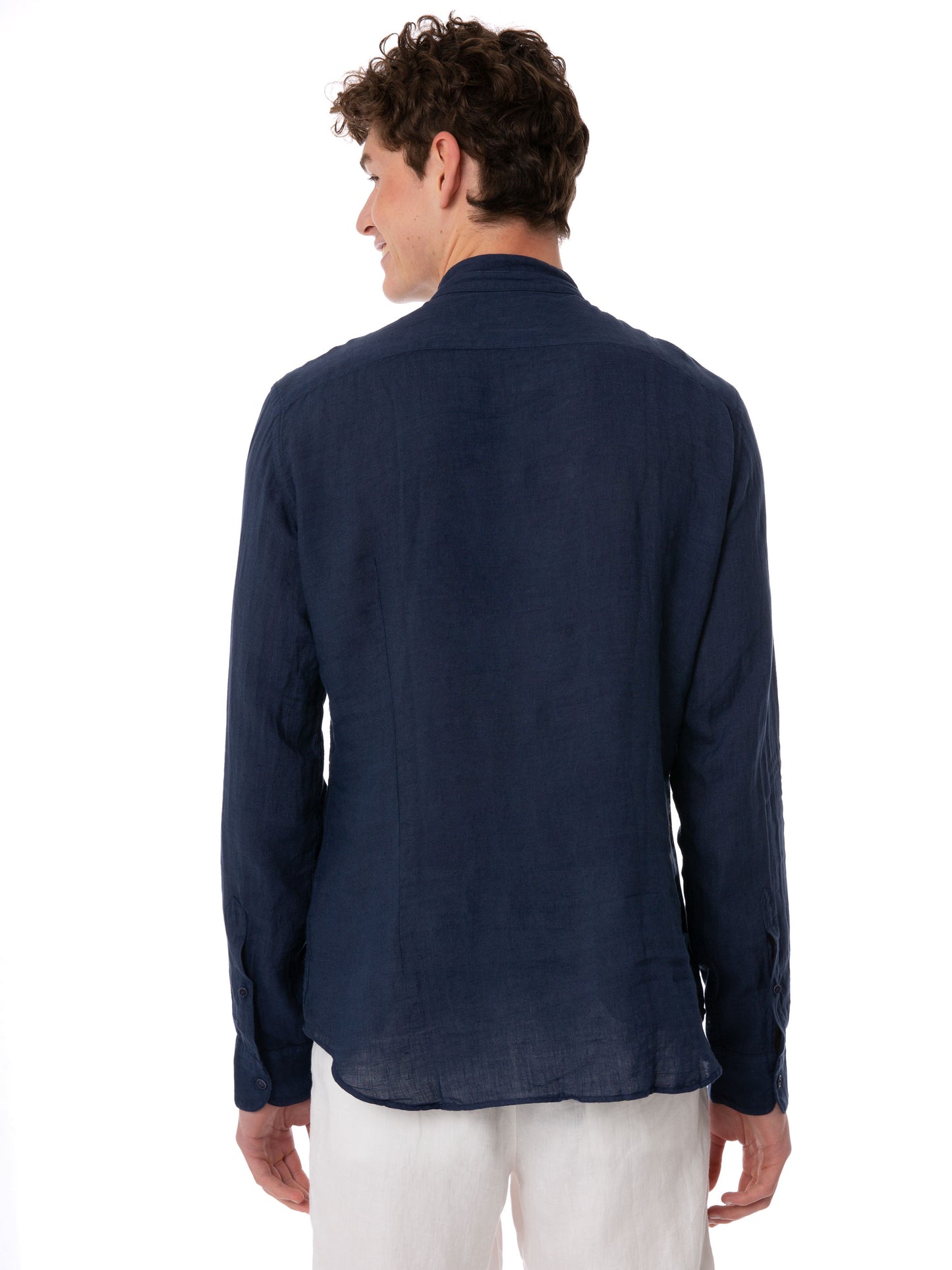 Man blue linen shirt with flower embroidery