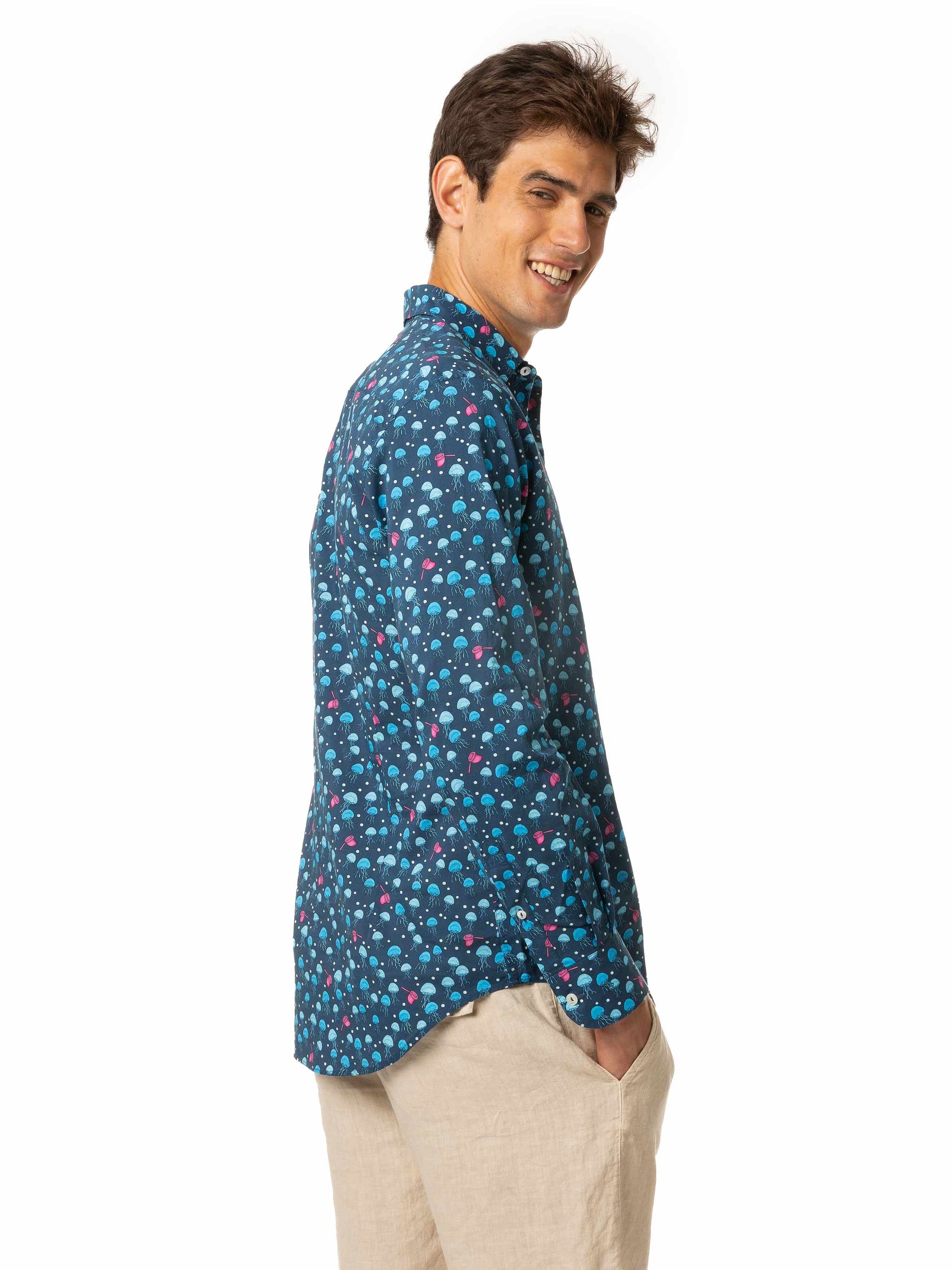 jellyfish dress shirt Jellyfish Print Chinese-Style Double-Layer Chiffon Cotton Shirt