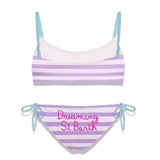 Bikini da bambina a bralette a righe con scritta ricamata