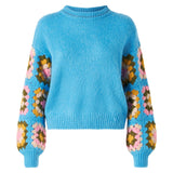 Woman ultra soft crewneck with handmade crochet sleeves