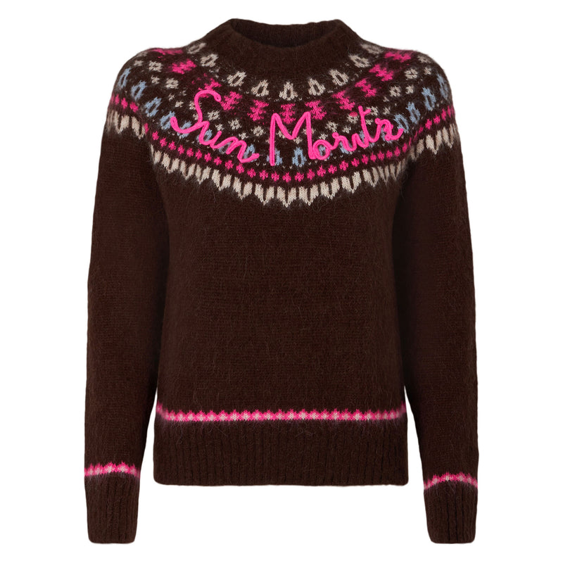 Woman brown crewneck nordic jacquard sweater