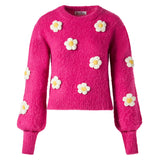 Woman brushed sweater with crochet flowers appliqués