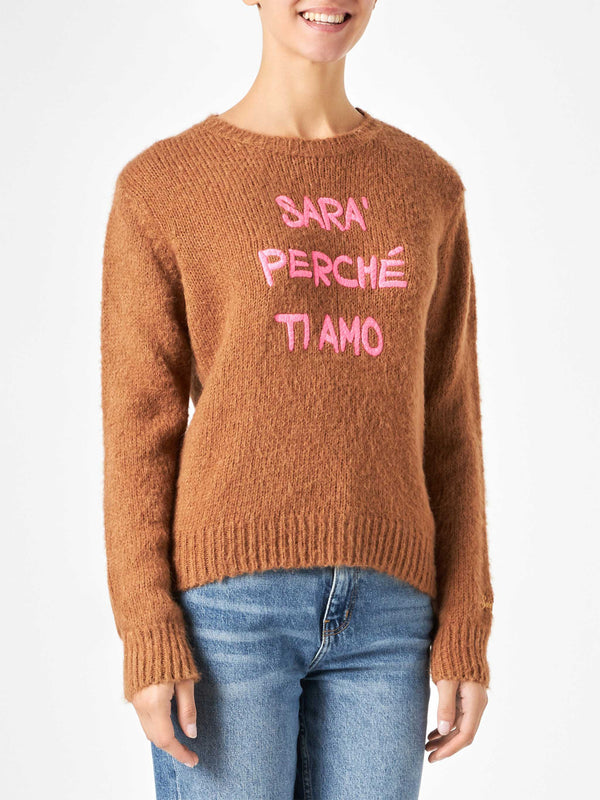 Woman brown brushed sweater with embroidery