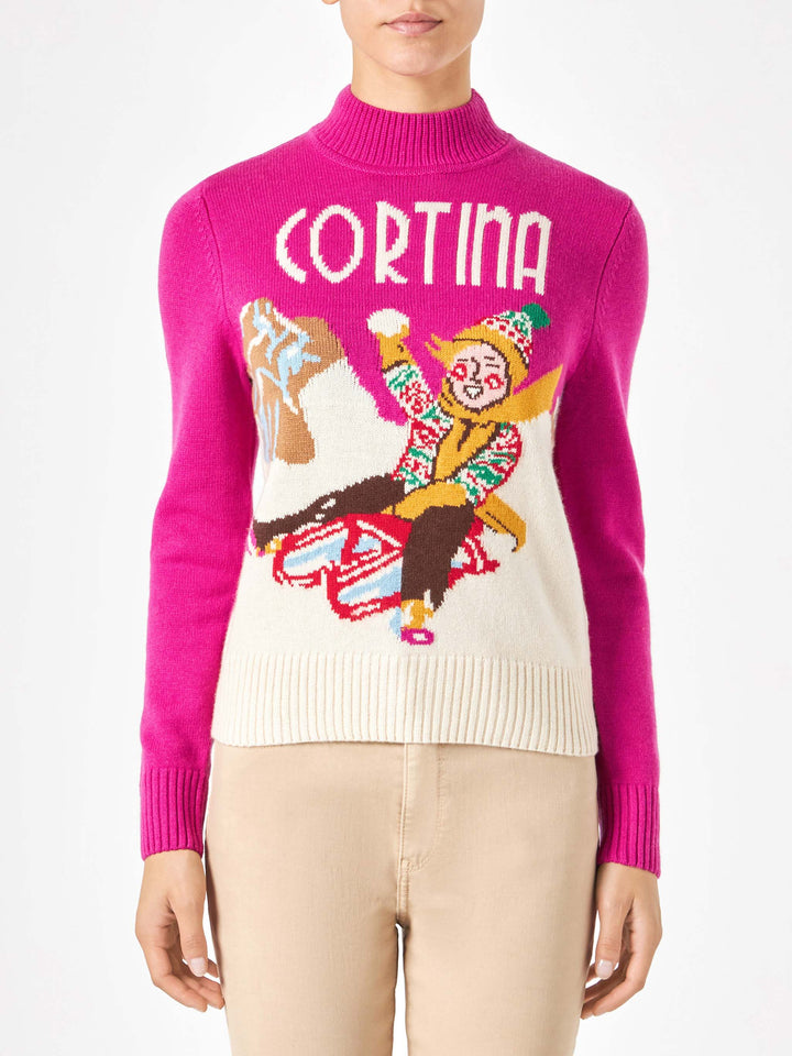 Maglione da donna girocollo con cartolina di Cortina