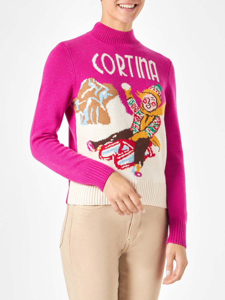 Maglione da donna girocollo con cartolina di Cortina