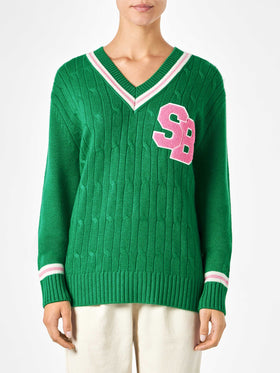 Woman v-neck braided sweater with patch - MC2 Saint Barth