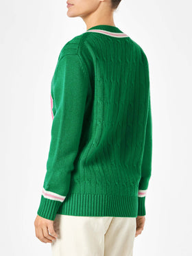 Woman v-neck braided sweater with patch - MC2 Saint Barth