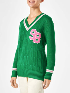 Woman v-neck braided sweater with patch - MC2 Saint Barth