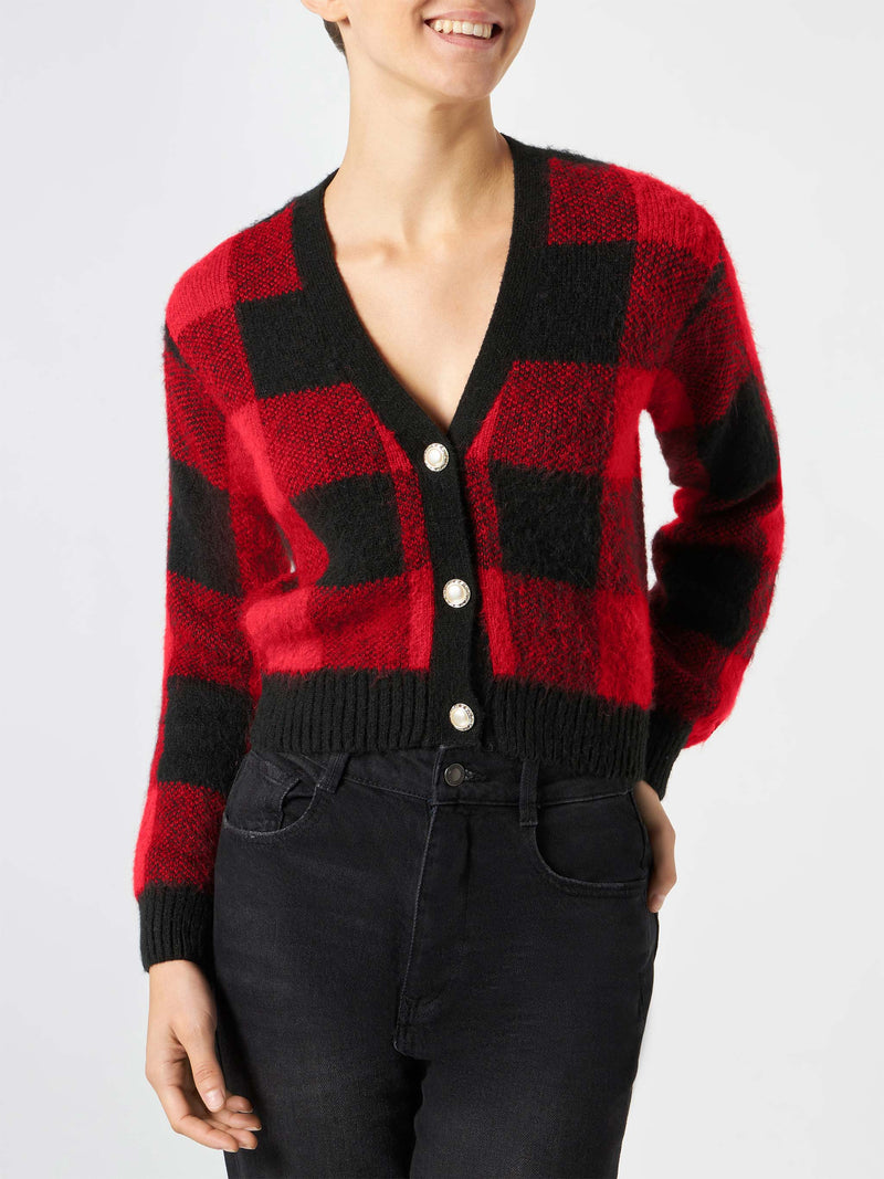 Woman short cardigan with jewel buttons and tartan print