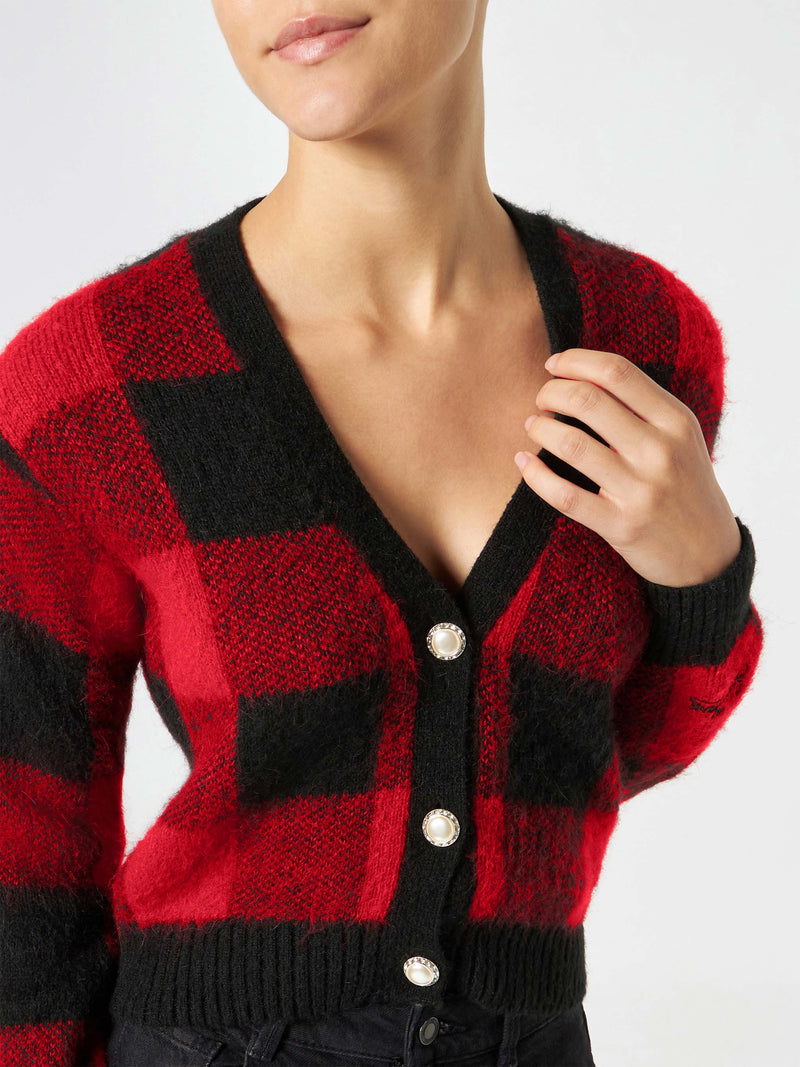 Woman short cardigan with jewel buttons and tartan print