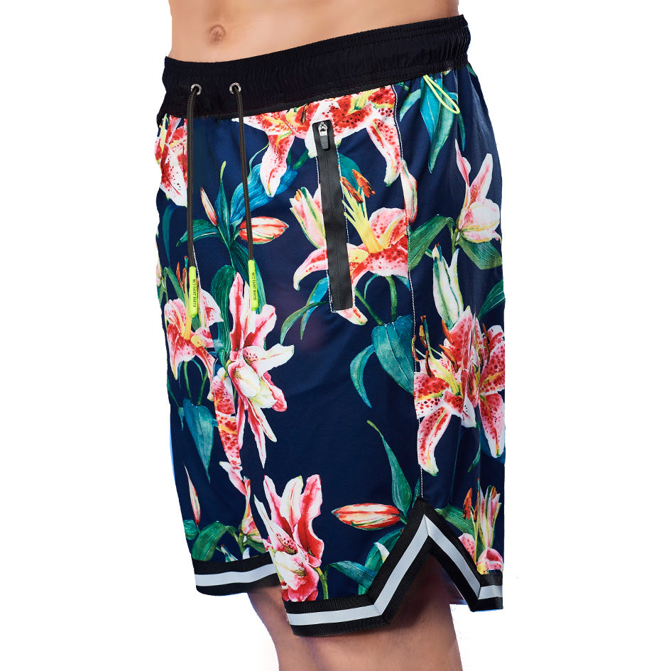 Tropical print swim shorts surf style