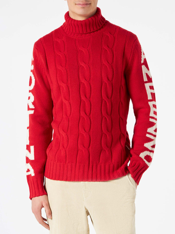 Maglione da uomo a collo alto intrecciato con stampa Cortina Ampezzo