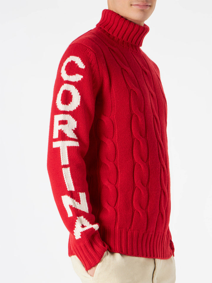 Maglione da uomo a collo alto intrecciato con stampa Cortina Ampezzo